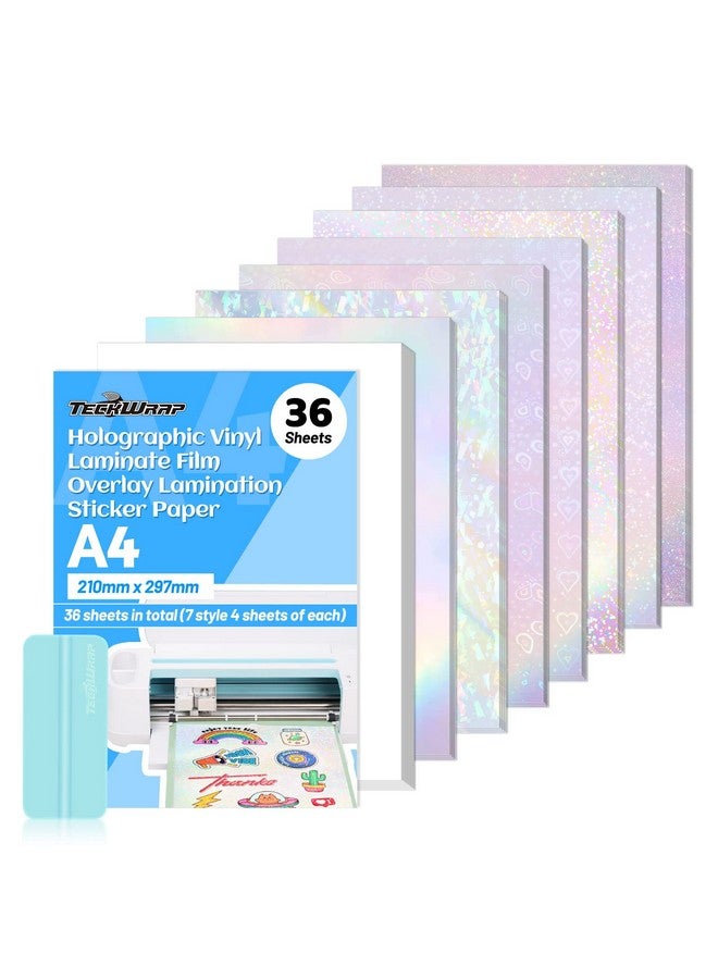 TECKWRAP Holographic Sticker Paper Clear Overlay Lamination Vinyl Matte White Inkjet Printable Vinyl 8.26" X 11.69" A4 Size 36 Sheets/Pack Laminate Sticker Film For Craft Scrapbooking Craft Cutters - Image 1