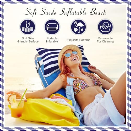 Menkxi 17x10 Inflatable Beach Pillow with Removable Cover Beach Chair Backpacking Pillow with Strap Stripe for Summer Sand Pools Travel VacationsNavy Blue White - Image 3