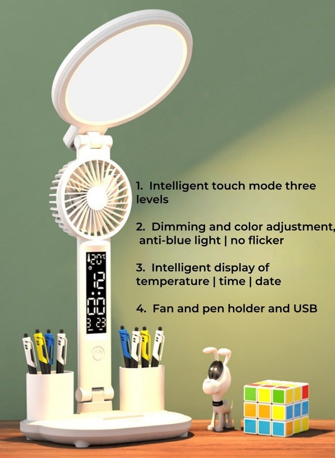 XiuWoo Large Capacity Battery Foldable Eye Protection Desk Lamp Led Smart Desk Lamp Bedroom Charging Reading, Desk, Study, Office Table Lamp with Fan, Pen Holder - Plug-in Model - Image 1