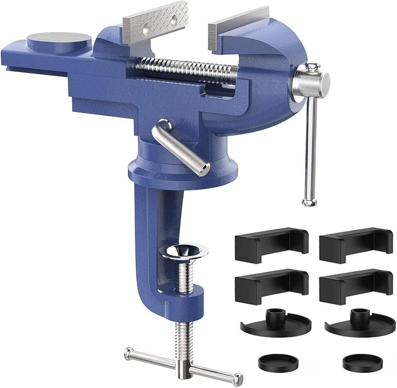 Housolution Universal Table Vise 3 Inch, 360°Swivel Base Bench Clamp Home Vise Clamp-On Vise Repair Tool Portable Work Bench Vise for Woodworking, Cutting Conduit, Drilling, Metalworking - Blue - Image 1