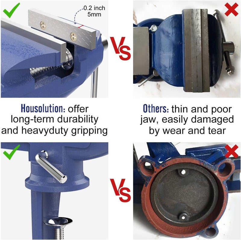 Housolution Universal Table Vise 3 Inch, 360°Swivel Base Bench Clamp Home Vise Clamp-On Vise Repair Tool Portable Work Bench Vise for Woodworking, Cutting Conduit, Drilling, Metalworking - Blue - Image 4