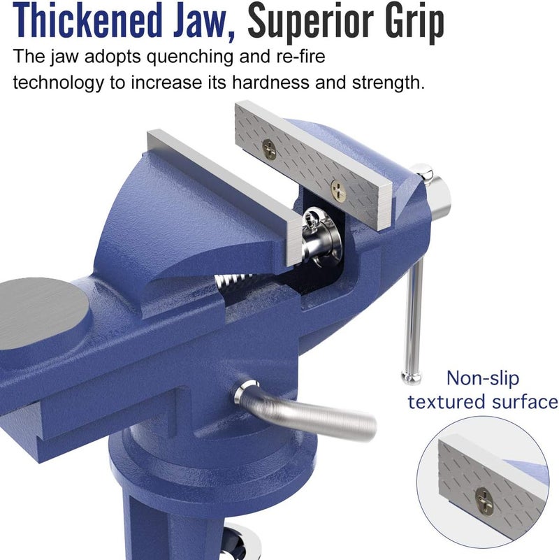 Housolution Universal Table Vise 3 Inch, 360°Swivel Base Bench Clamp Home Vise Clamp-On Vise Repair Tool Portable Work Bench Vise for Woodworking, Cutting Conduit, Drilling, Metalworking - Blue - Image 3