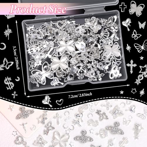 Cynailli 320 Pcs Silver Alloy Nail Charms & Gems, Round, Square, Oval, Heart Shapes, Nail Art Rhinestones, Craft Bead, Nail Charms, Beauty Crafts - Image 4