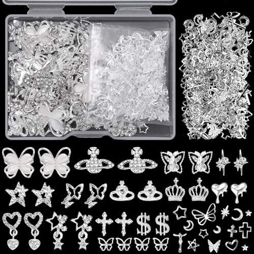 Cynailli 320 Pcs Silver Alloy Nail Charms & Gems, Round, Square, Oval, Heart Shapes, Nail Art Rhinestones, Craft Bead, Nail Charms, Beauty Crafts - Image 1