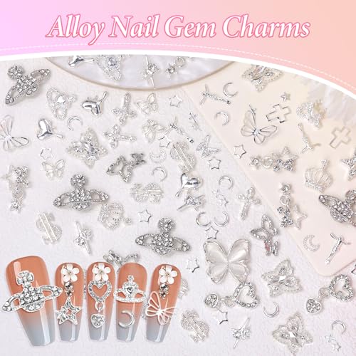 Cynailli 320 Pcs Silver Alloy Nail Charms & Gems, Round, Square, Oval, Heart Shapes, Nail Art Rhinestones, Craft Bead, Nail Charms, Beauty Crafts - Image 5