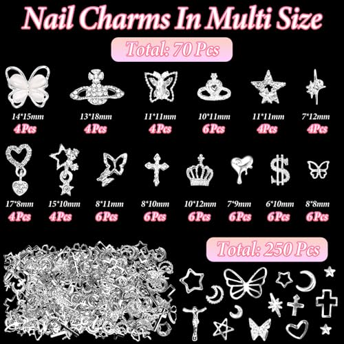 Cynailli 320 Pcs Silver Alloy Nail Charms & Gems, Round, Square, Oval, Heart Shapes, Nail Art Rhinestones, Craft Bead, Nail Charms, Beauty Crafts - Image 3