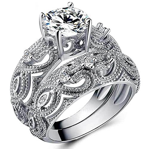 RKKOJJO 925 Sterling Silver Shiny Full Diamond Gemstone Ring Cubic Zirconia Rings CZ Diamond Ring Double Ring Eternity Engagement Wedding Band Ring for Women (US Code 8) - Image 3