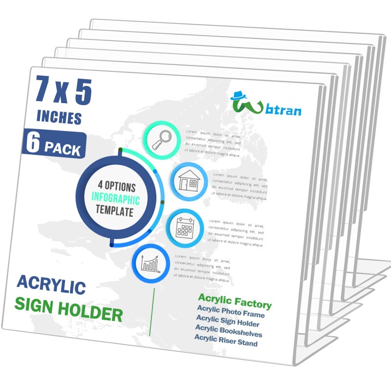 Wbtran Slanted Back Acrylic Sign Holder 5 x 7 Horizontal  Clear Tabletop Acrylic Stands for Display 7 x 5  Plastic Paper Sign Holder for Office  Home  Restaurant (6 Pack 7x5 Inches) - Image 1