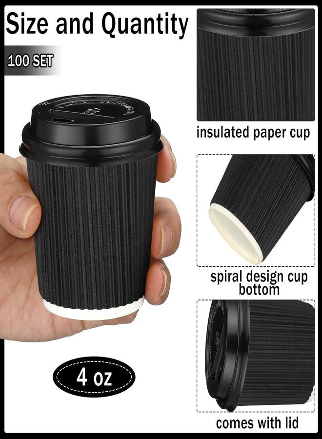 Uiifan 100 Set 4oz Disposable Espresso Cups with Lids Ripple Corrugated Paper Disposable Coffee Insulated Hot Ripple Cups for hot Chocolate, Tea, and Cocoa Drinks(Black) - Image 2