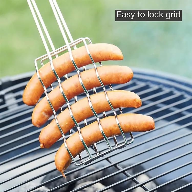 SHREESAMP BBQ Hot Dog Roast Grilling Plated with Folding Wooden Long Clip Handle for Fish Vegetables Cooking BBQ Grill Basket Outdoor Tool Grilling Camping Picnic Easy Storage Metal (45x10x1.5CM) - Image 5
