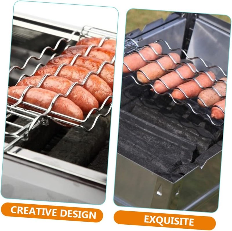 SHREESAMP BBQ Hot Dog Roast Grilling Plated with Folding Wooden Long Clip Handle for Fish Vegetables Cooking BBQ Grill Basket Outdoor Tool Grilling Camping Picnic Easy Storage Metal (45x10x1.5CM) - Image 2