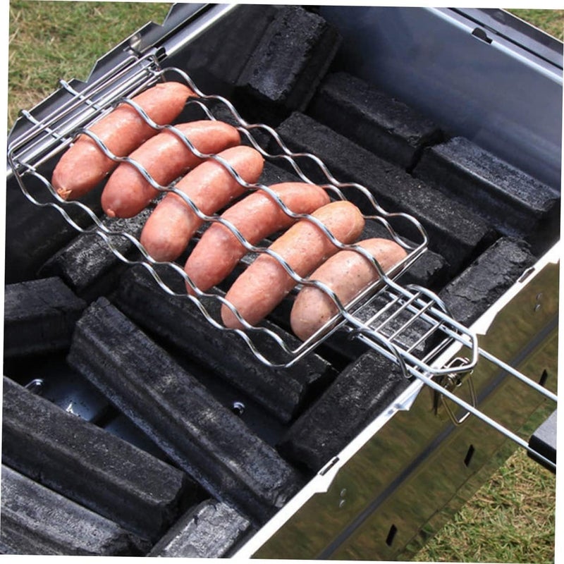SHREESAMP BBQ Hot Dog Roast Grilling Plated with Folding Wooden Long Clip Handle for Fish Vegetables Cooking BBQ Grill Basket Outdoor Tool Grilling Camping Picnic Easy Storage Metal (45x10x1.5CM) - Image 4