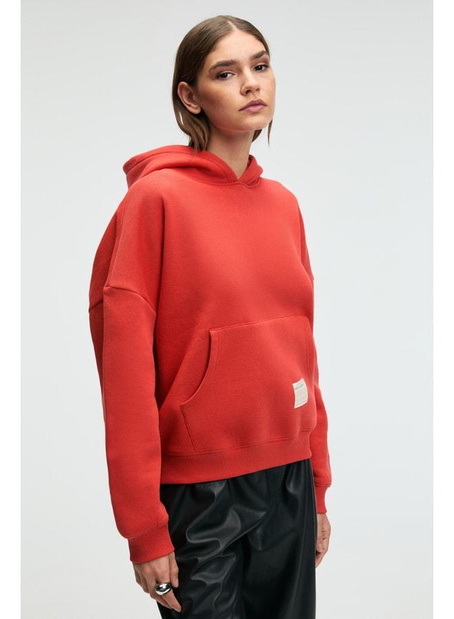 GRIMELANGE CLARIE Women's Organic Cotton Oversize Kangaroo Pocket Hooded Red Sweatshirt. - Image 3