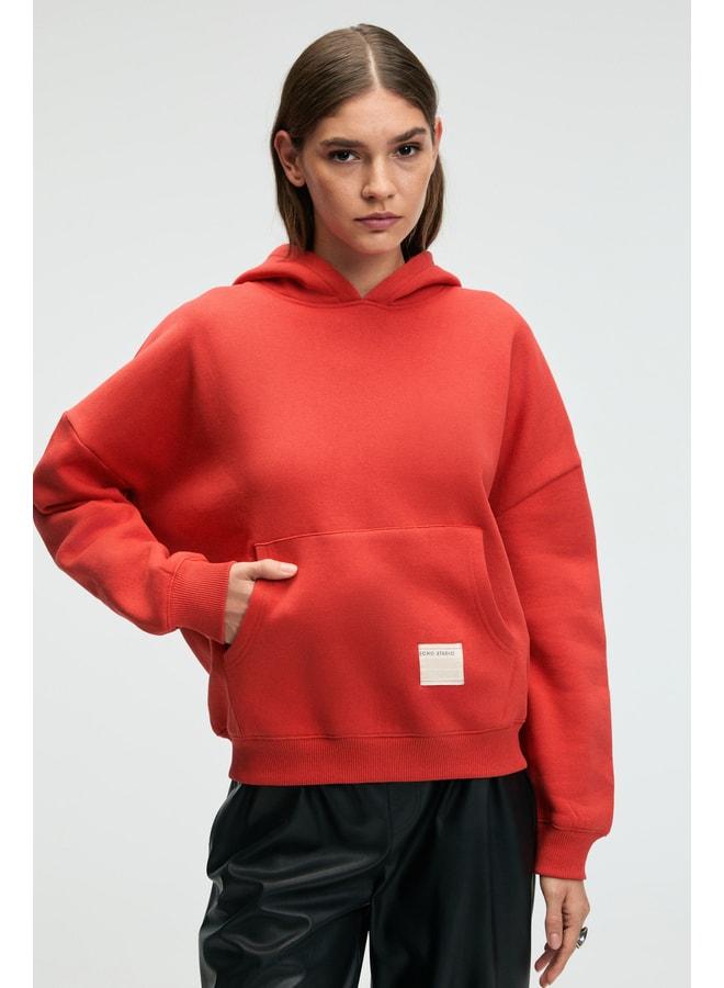 GRIMELANGE CLARIE Women's Organic Cotton Oversize Kangaroo Pocket Hooded Red Sweatshirt. - Image 2