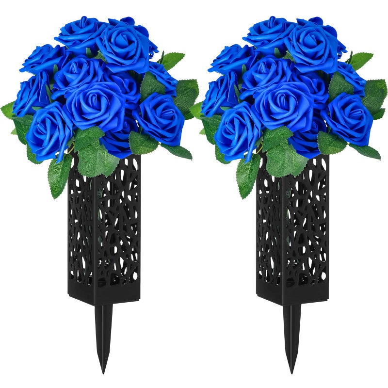 Cindeer 50 Blue Rose Artificial Cemetery Flowers with 2 Cemetery Vase Floral Grave Decorations 2 Set Headstones Black Plastic Holder with Drainage Hole Long Spikes Human Grave Markers for Outdoor Memorials