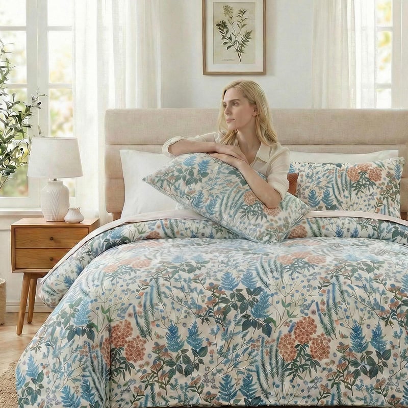 Cozaline Cozeline 100% Cotton Duvet Cover Queen Size, Blue and Red Floral Bedding Set with Zipper Closure, 3 Pcs Breathable and Soft Botanical Duvet Cover for All Season - Image 4