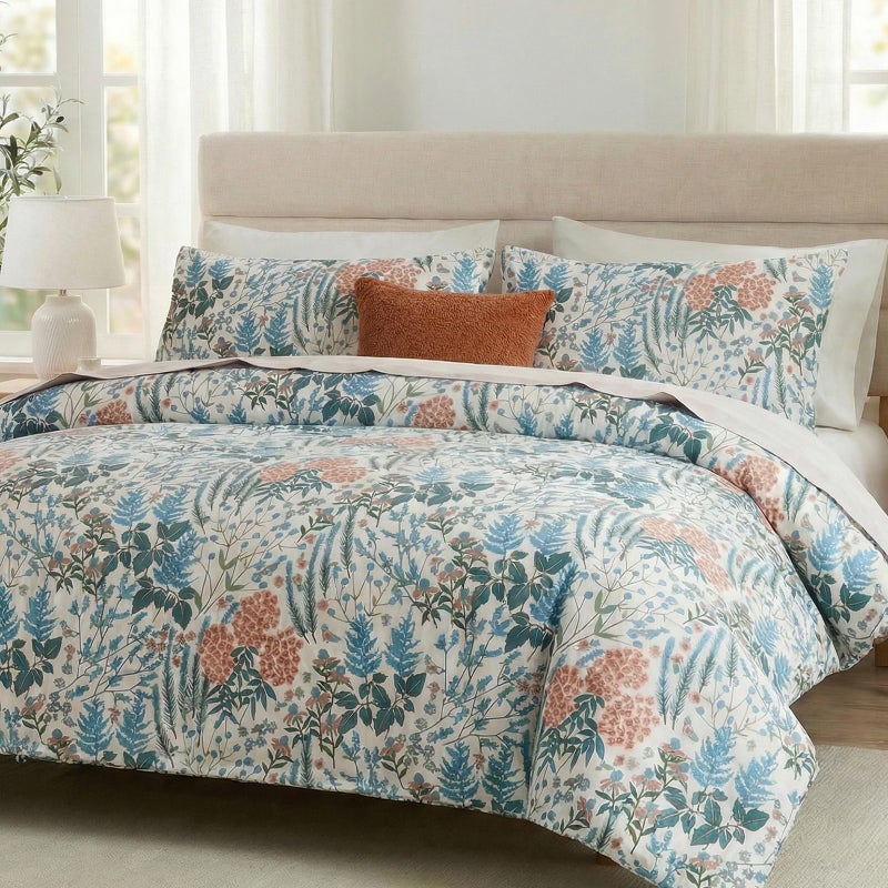 Cozaline Cozeline 100% Cotton Duvet Cover Queen Size, Blue and Red Floral Bedding Set with Zipper Closure, 3 Pcs Breathable and Soft Botanical Duvet Cover for All Season - Image 3