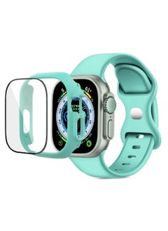 Band with Case For Apple Watch Ultra/Ultra 2 49mm,Adjustable Silicone Sport Wristband Replacement, Strap With Cover Built-in Glass Screen Protector for iWatch Ultra 49 mm (Turqoise)