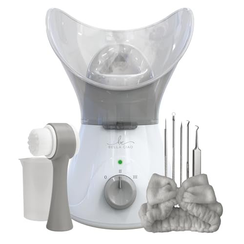 Bella Ciao Gentle Face Steamer for Facial Deep Cleaning 11PC Facial Steamer for Proactive Acne Treatment Unclogs Pores Treats Allergies Facial Skin Care Products Includes Needles Tweezers