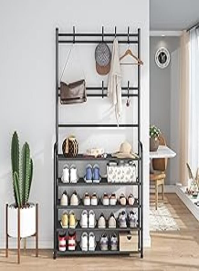 Lukzer multifunctional entryway coat rack 5 tier 3 in 1 hall tree shoe bench with keys hat umbrella stand storage shelves with 8 hooks hanger 5 bottom layer organizer (170 x 80 x 26 cm/black, metal)