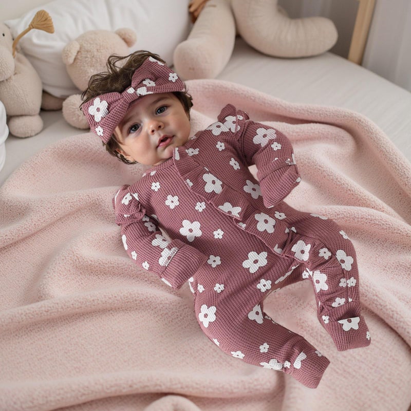 allshope Infant Baby Girl Fall Outfit Sweatshirt Romper Floral Print Long Sleeve Jumpsuit Newborn Waffle Clothes (Color Purple, 0-3 Months) - Image 3