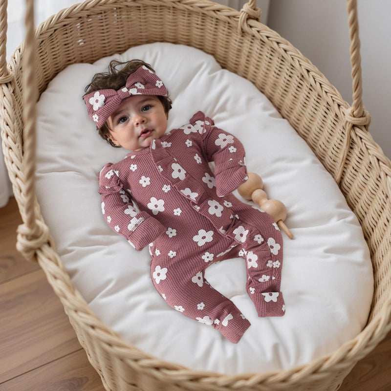 allshope Infant Baby Girl Fall Outfit Sweatshirt Romper Floral Print Long Sleeve Jumpsuit Newborn Waffle Clothes (Color Purple, 0-3 Months) - Image 4