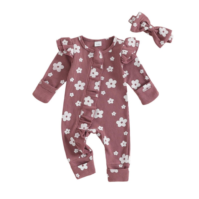 allshope Infant Baby Girl Fall Outfit Sweatshirt Romper Floral Print Long Sleeve Jumpsuit Newborn Waffle Clothes (Color Purple, 0-3 Months) - Image 1