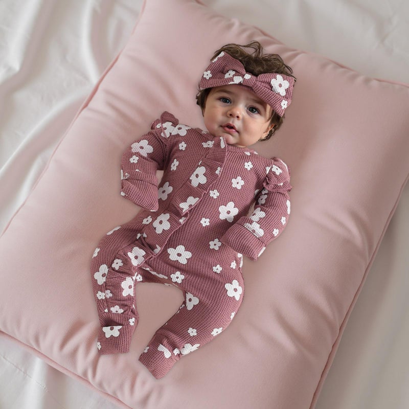 allshope Infant Baby Girl Fall Outfit Sweatshirt Romper Floral Print Long Sleeve Jumpsuit Newborn Waffle Clothes (Color Purple, 0-3 Months) - Image 5