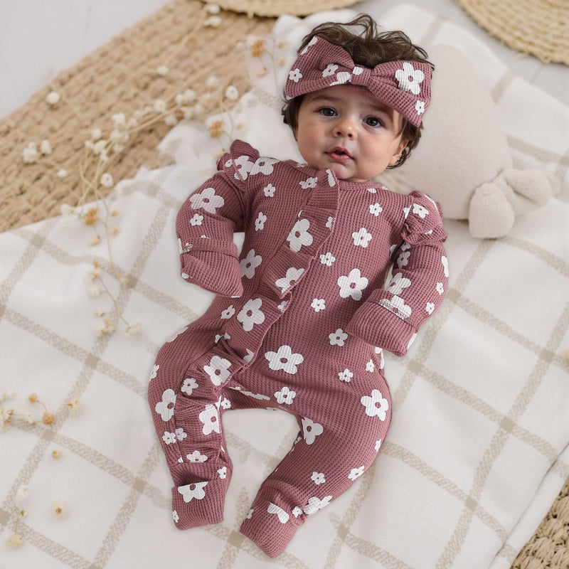 allshope Infant Baby Girl Fall Outfit Sweatshirt Romper Floral Print Long Sleeve Jumpsuit Newborn Waffle Clothes (Color Purple, 0-3 Months) - Image 2