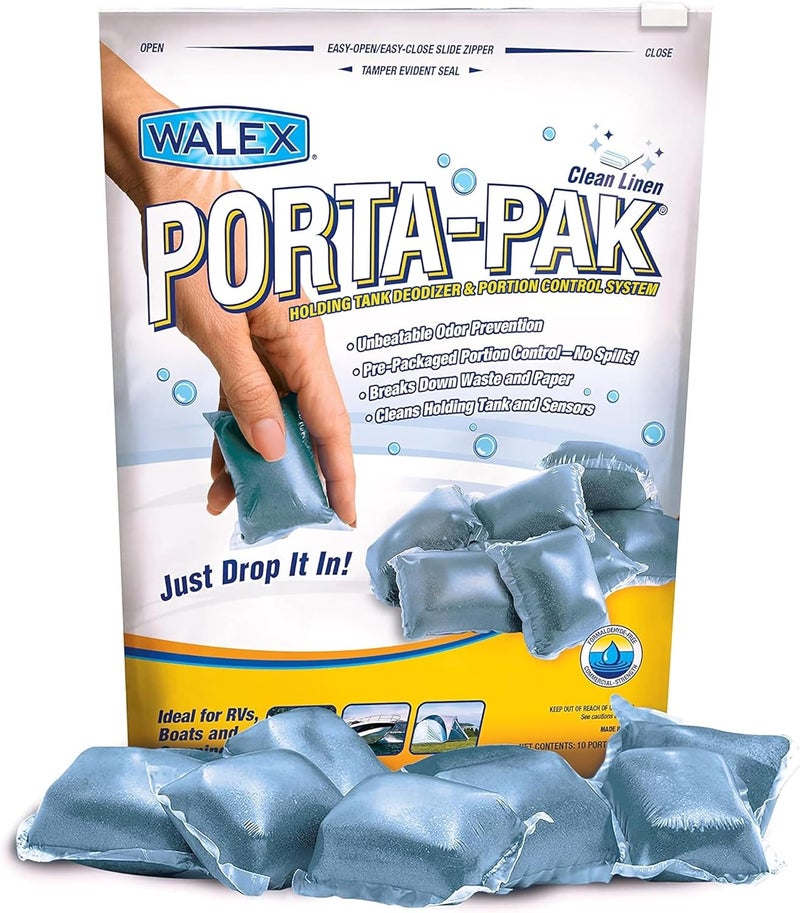 Walex Porta-Pak RV Marine Black Holding Tank Deodorizer Drop-Ins, Camper, Boat, Camping Porta Cassette Toilet Cleaner Pods, Clean Linen, 10 Pack Gulf popular simple design - Image 1