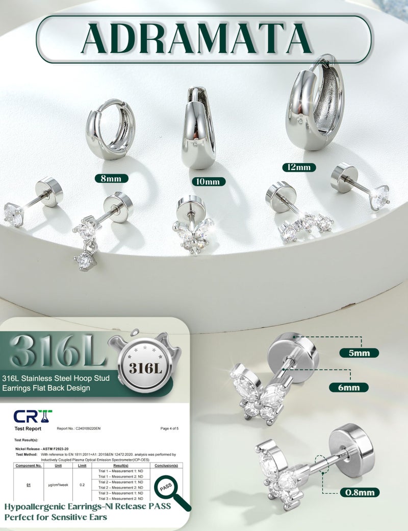 ADRAMATA Hypoallergenic Silver Hoop Earrings Stack for Women - 7Pairs Surgical Steel Small Chunky Huggie & Flat Back Stud Earrings Set Cartilage Jewelry Trendy Christmas Gifts Chunky - Image 2