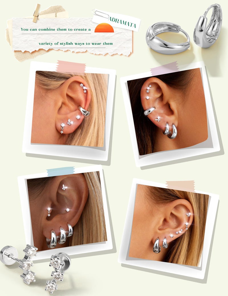 ADRAMATA Hypoallergenic Silver Hoop Earrings Stack for Women - 7Pairs Surgical Steel Small Chunky Huggie & Flat Back Stud Earrings Set Cartilage Jewelry Trendy Christmas Gifts Chunky - Image 4