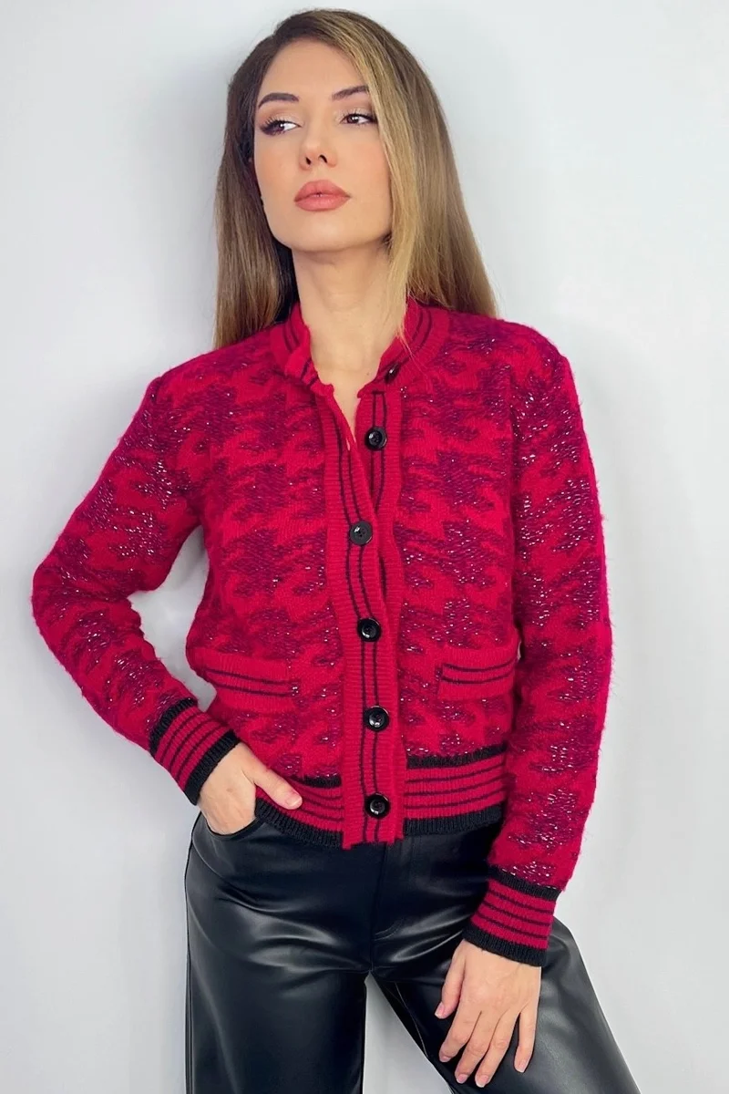 ريتنيس Women's Grace Premium Glittery Soft Texture Red Knitwear Cardigan
