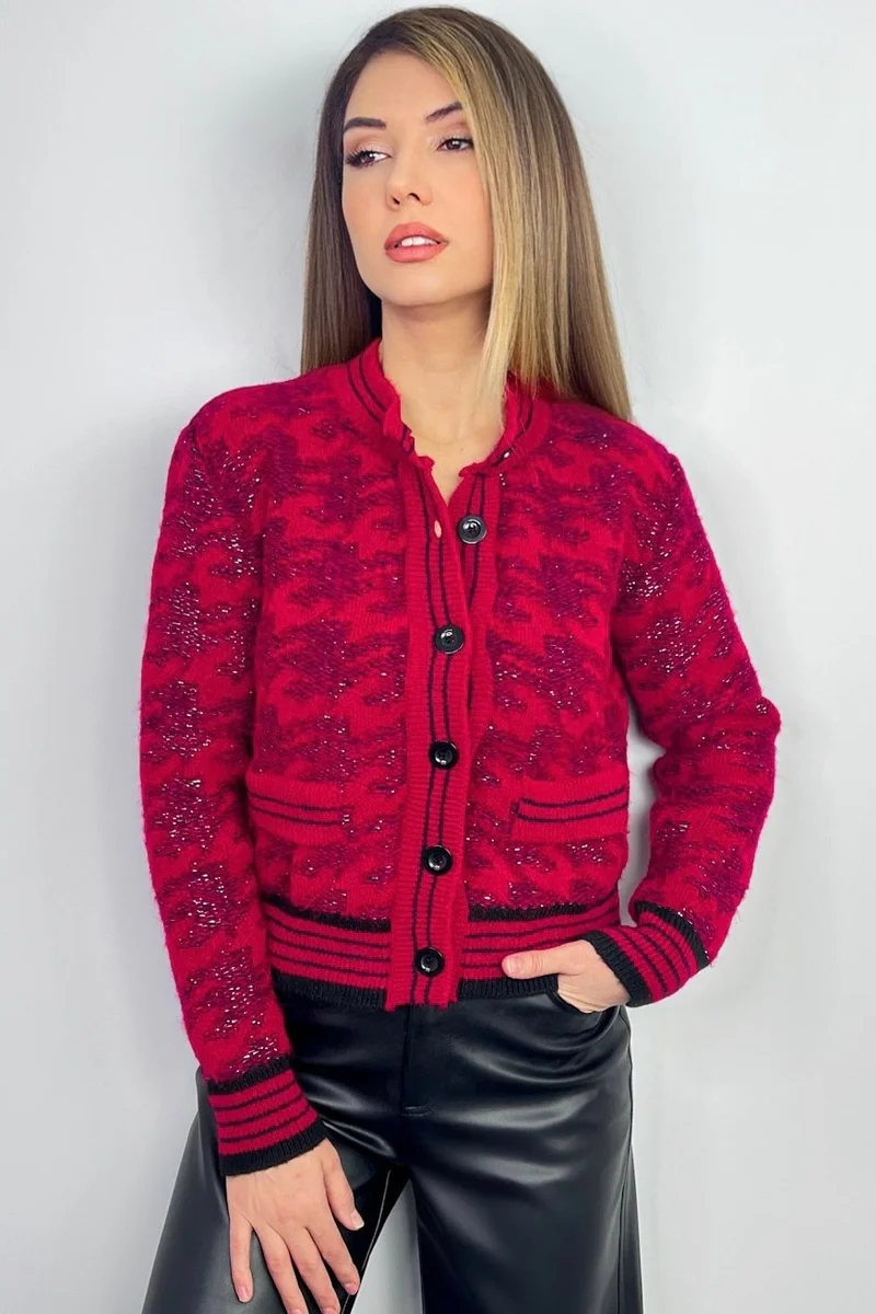 ريتنيس Women's Grace Premium Glittery Soft Texture Red Knitwear Cardigan