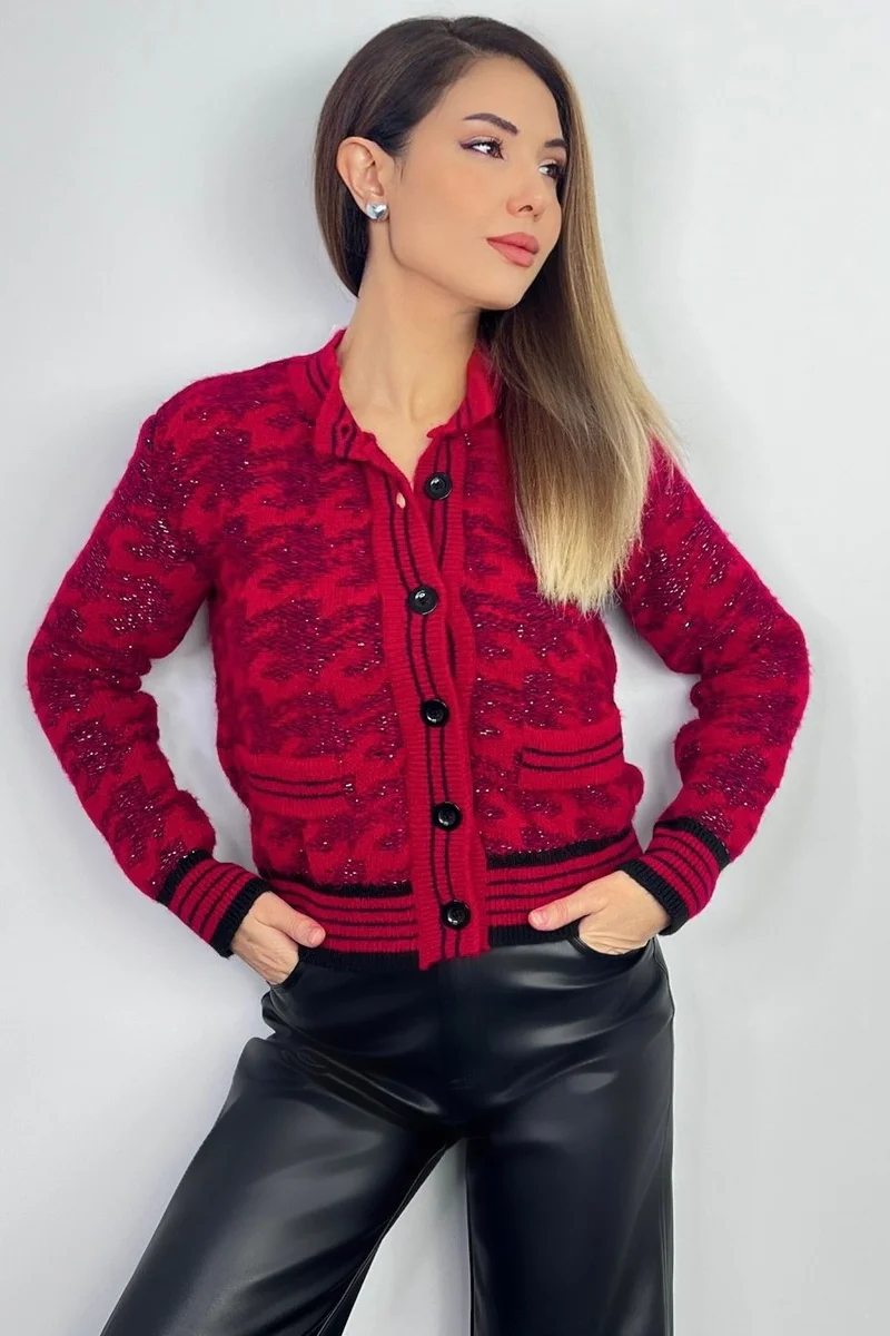 ريتنيس Women's Grace Premium Glittery Soft Texture Red Knitwear Cardigan
