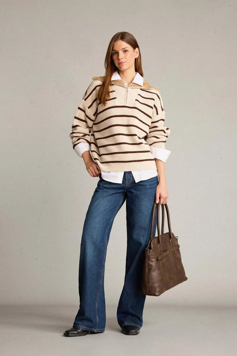 ديفاكتو Overshirt Fit Turtleneck Half Zippered Striped Cotton Knit Pullover