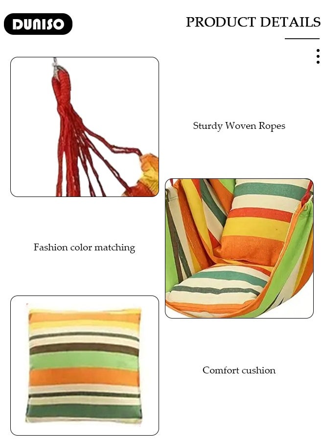 DUNISO - Hammock Chair Hanging Rope Swing with 2 Cushions, Outdoor Rope Swing Metal Spreader Bar Cotton Weave Macrame Swing Seat Adult Kids Hardware Kit Max 200kg for Living Room Yard Patio Camping Garden - Image 1
