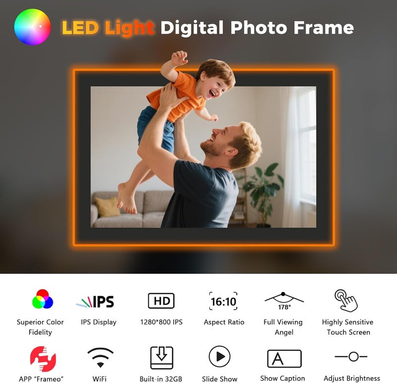 AKImart Edge-Light 10.1 inch Digital Photo Frame, IPS Display, AI Color-Changing LED Strip Digital Photo Frame, Quick Share Photos/Videos, Easy Setup in Frameo App, Best Digital Frame for Gifting - Image 2