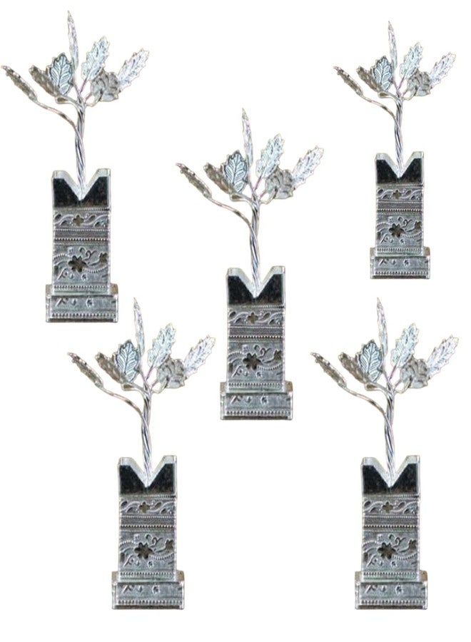 IGH Pack of 5 Decorative Silver Plated Tulsi Plant 4 Inches | Silver Plated Brindavan for Puja Home Temple Decor Wedding Return Gift - Image 1