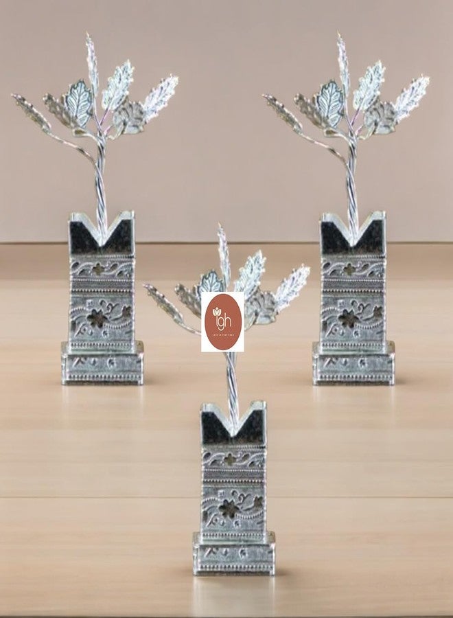 IGH Pack of 5 Decorative Silver Plated Tulsi Plant 4 Inches | Silver Plated Brindavan for Puja Home Temple Decor Wedding Return Gift - Image 3