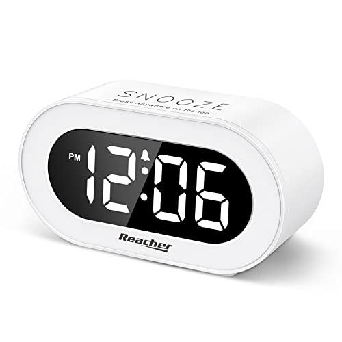 REACHER Small LED Digital Alarm Clock with Snooze, Simple to Operate, Full Range Brightness Dimmer, Adjustable Alarm Volume, Outlet Powered Compact Clock for Bedrooms, Bedside, Desk, Shelf(White) - Image 1