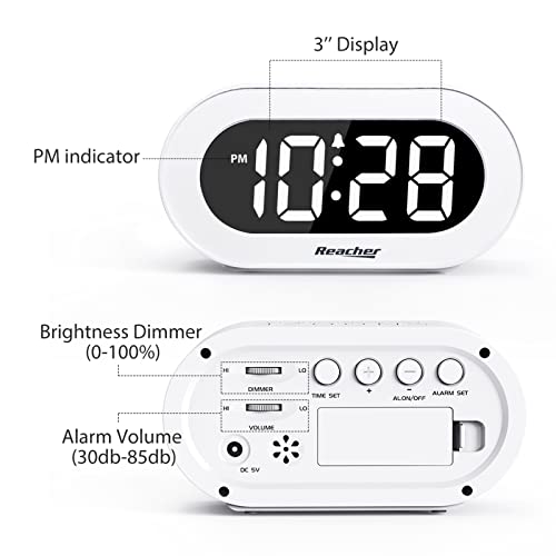 REACHER Small LED Digital Alarm Clock with Snooze, Simple to Operate, Full Range Brightness Dimmer, Adjustable Alarm Volume, Outlet Powered Compact Clock for Bedrooms, Bedside, Desk, Shelf(White) - Image 4