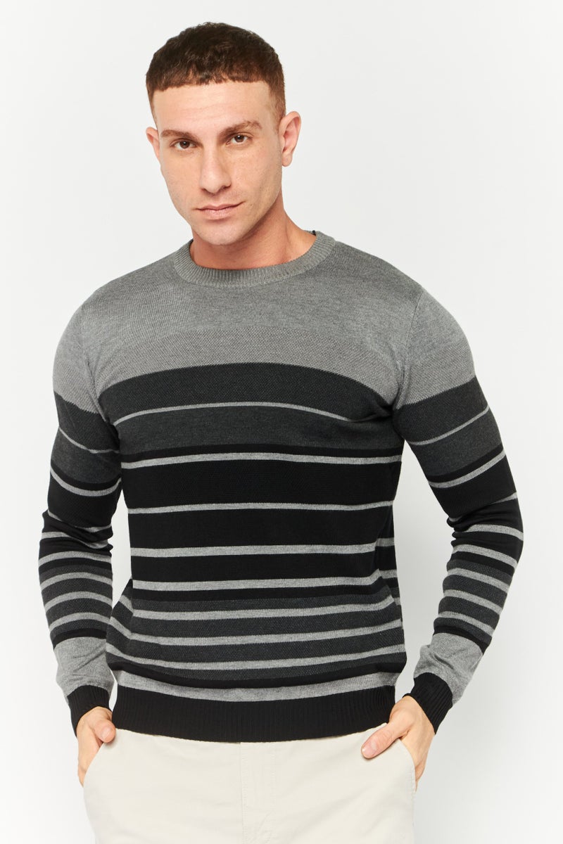 Sorbino سويت شيرت رجالي بياقة دائرية مخطط، أسود - Image 1