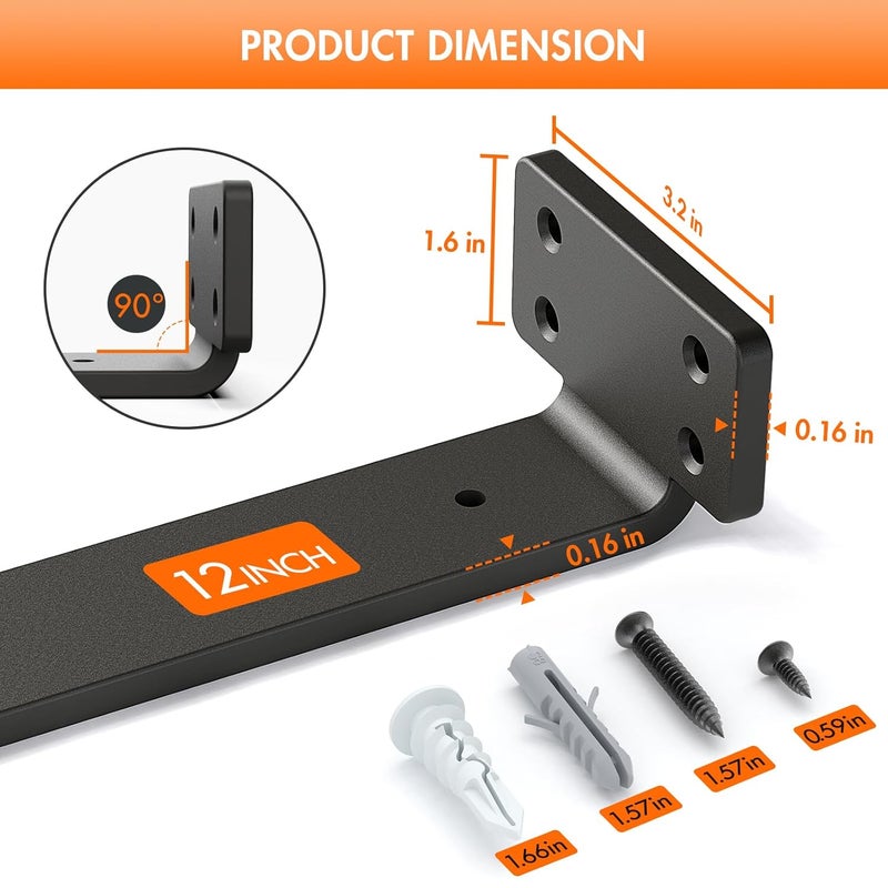 VANCASTLE Shelf Bracket Heavy Duty 12 Inch Brackets for Shelf 6 Pack Floating Shelf Bracket for Shelves Support Black Metal L Wall Shelf Brackets with 15 Inch Thick and Holds 160lb - Image 2