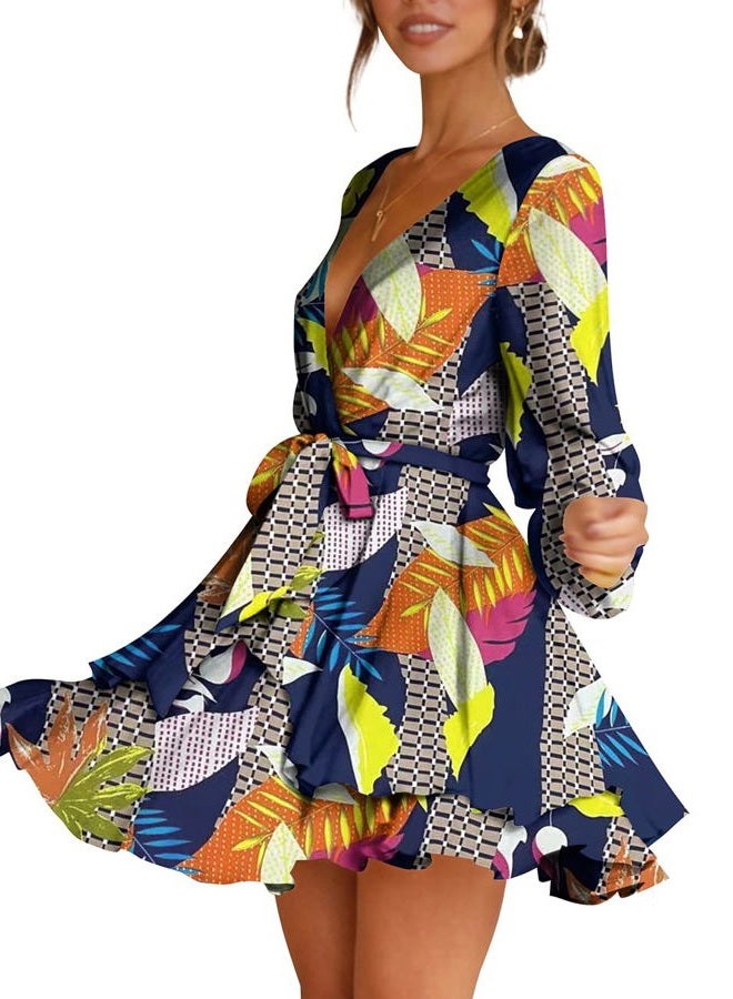 Cosonsen Womens Fashion Leaf Print Dress Deep V-Neck Tie Waist Skater Dress Navy XS - Image 2