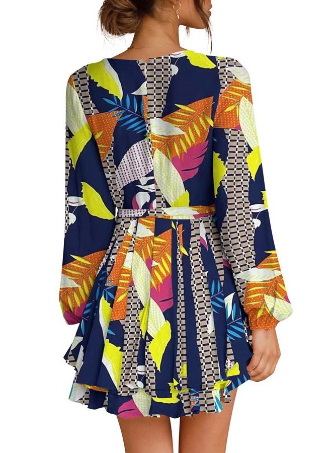Cosonsen Womens Fashion Leaf Print Dress Deep V-Neck Tie Waist Skater Dress Navy XS - Image 3