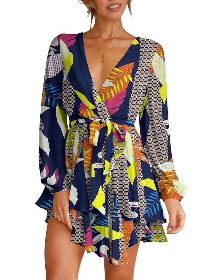 Cosonsen Womens Fashion Leaf Print Dress Deep V-Neck Tie Waist Skater Dress Navy XS - Image 1