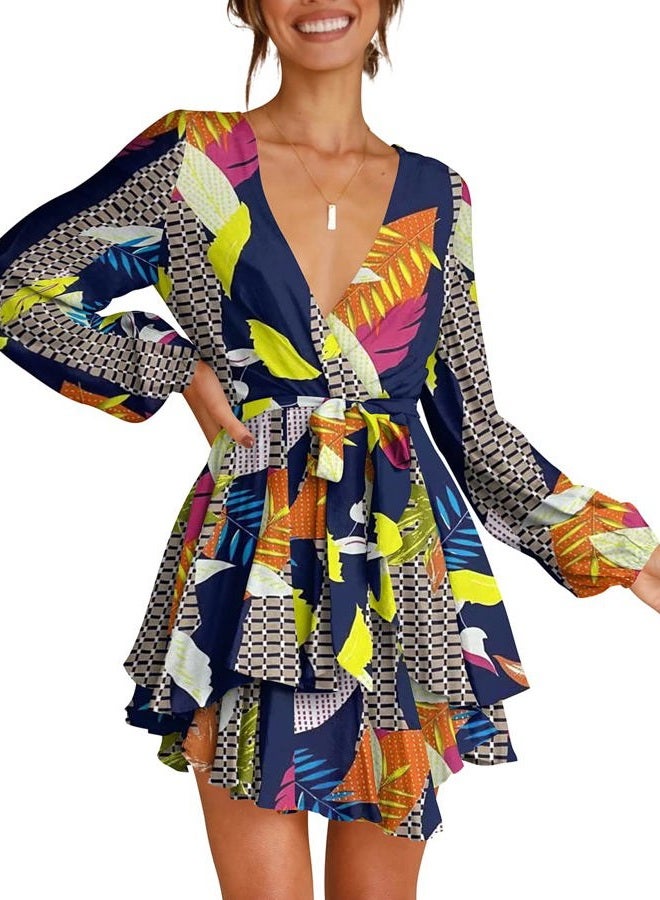 Cosonsen Womens Fashion Leaf Print Dress Deep V-Neck Tie Waist Skater Dress Navy XS - Image 4