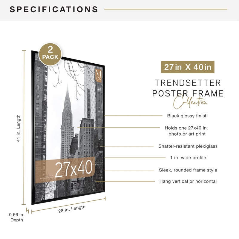MCS Trendsetter Movie Poster Frame 27x40 Black High-Gloss, Vertical & Horizontal Wall Hanging Large Picture Frame for Photos, Artwork & Custom Posters (2-Pack) - Image 4
