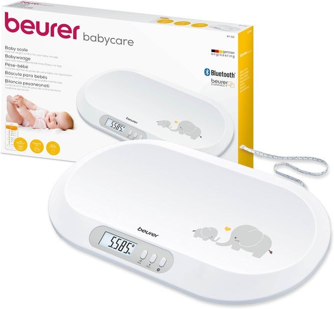 BY90 BABY SCALE WITH APP BLUETOOTH CONNECTION TO BABYCARE APP TO TRACK BABYS DEVELOPMENT COMFORTABLE WEIGHING SURFACE INTEGRATED MEASURING TAPE HOLD FUNCTION FOR WRIGGLING BABIES